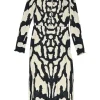 Black polyester abstract print lace-up front plissé long sleeve dress