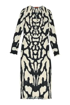 Black polyester abstract print lace-up front plissé long sleeve dress