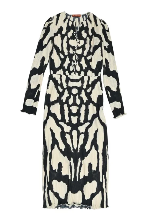 Black polyester abstract print lace-up front plissé long sleeve dress