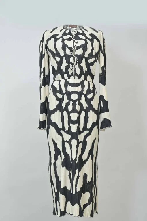 Black polyester abstract print lace-up front plissé long sleeve dress