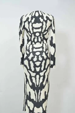 Black polyester abstract print lace-up front plissé long sleeve dress