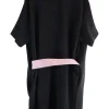 Black polyester and silk blend shift t-shirt style dress with contrasting half belt at front