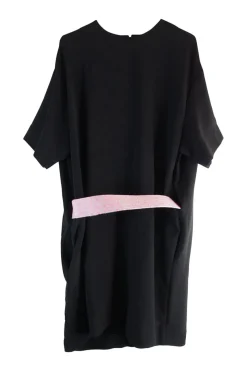 Black polyester and silk blend shift t-shirt style dress with contrasting half belt at front