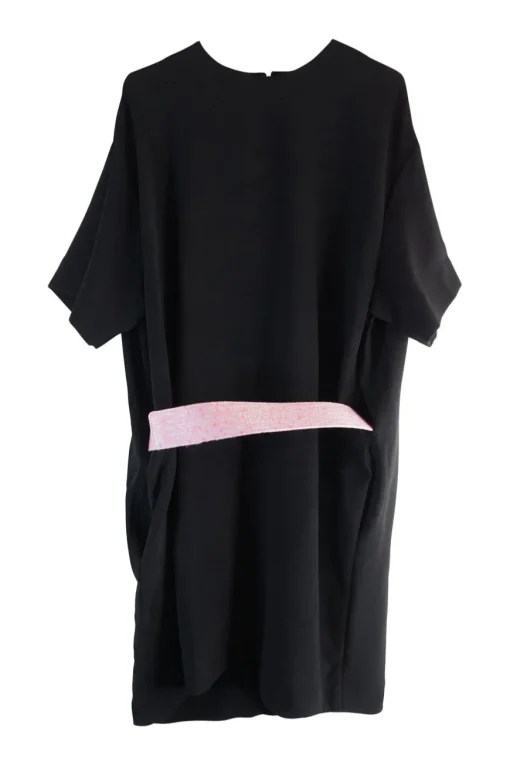Black polyester and silk blend shift t-shirt style dress with contrasting half belt at front