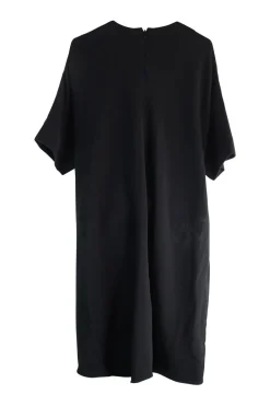 Black polyester and silk blend shift t-shirt style dress with contrasting half belt at front