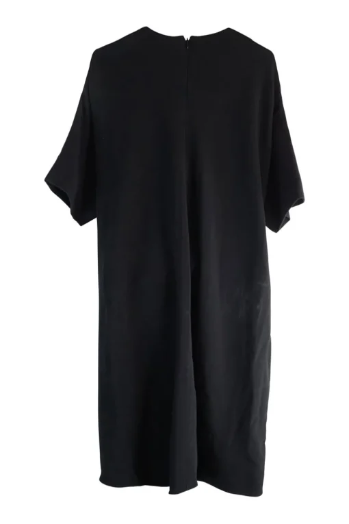 Black polyester and silk blend shift t-shirt style dress with contrasting half belt at front