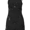Black polyester bow and sequin-embellished square neck mini-dress