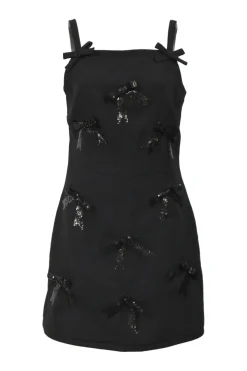Black polyester bow and sequin-embellished square neck mini-dress