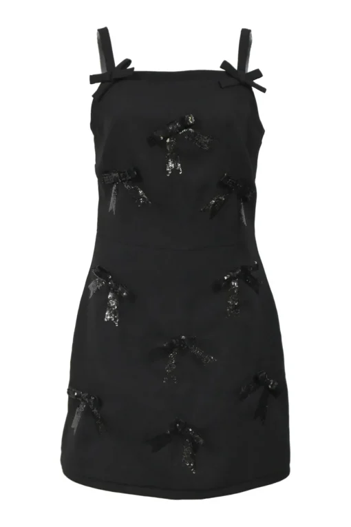 Black polyester bow and sequin-embellished square neck mini-dress