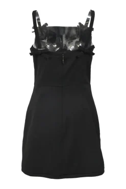 Black polyester bow and sequin-embellished square neck mini-dress