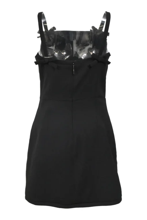 Black polyester bow and sequin-embellished square neck mini-dress
