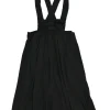 Black polyester bow-embellished pinafore midi dress with raw edge waistband and criss cross straps