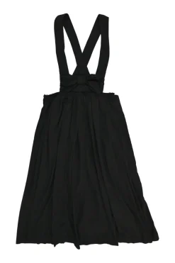 Black polyester bow-embellished pinafore midi dress with raw edge waistband and criss cross straps