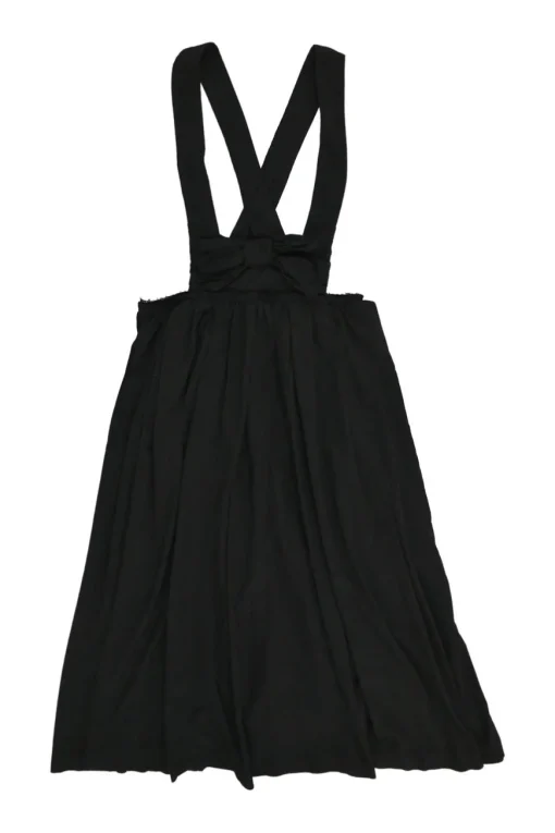 Black polyester bow-embellished pinafore midi dress with raw edge waistband and criss cross straps