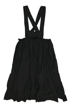 Black polyester bow-embellished pinafore midi dress with raw edge waistband and criss cross straps