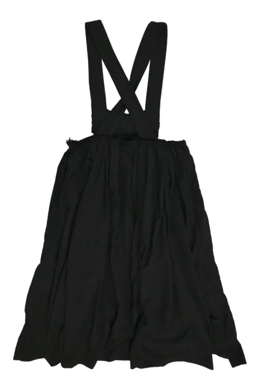 Black polyester bow-embellished pinafore midi dress with raw edge waistband and criss cross straps