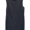 Black polyester button-front sleeveless shift with contrasting plissé side panels