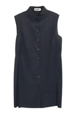 Black polyester button-front sleeveless shift with contrasting plissé side panels