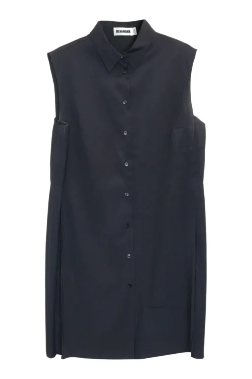 Black polyester button-front sleeveless shift with contrasting plissé side panels