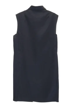 Black polyester button-front sleeveless shift with contrasting plissé side panels
