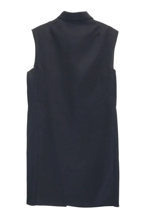 Black polyester button-front sleeveless shift with contrasting plissé side panels
