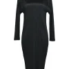 Black polyester cowl neck pullover long sleeve plissé sheath dress
