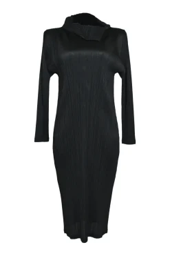 Black polyester cowl neck pullover long sleeve plissé sheath dress
