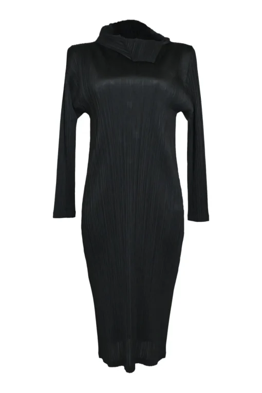 Black polyester cowl neck pullover long sleeve plissé sheath dress