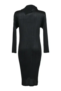 Black polyester cowl neck pullover long sleeve plissé sheath dress