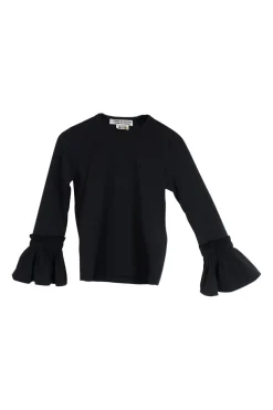 Black polyester crewneck flounce sleeve top