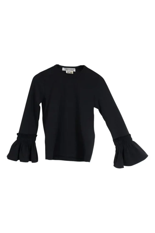 Black polyester crewneck flounce sleeve top