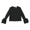 Black polyester crewneck pullover long sleeve blouse with gathered sleeve cuffs