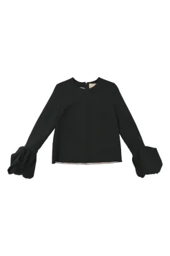 Black polyester crewneck pullover long sleeve blouse with gathered sleeve cuffs