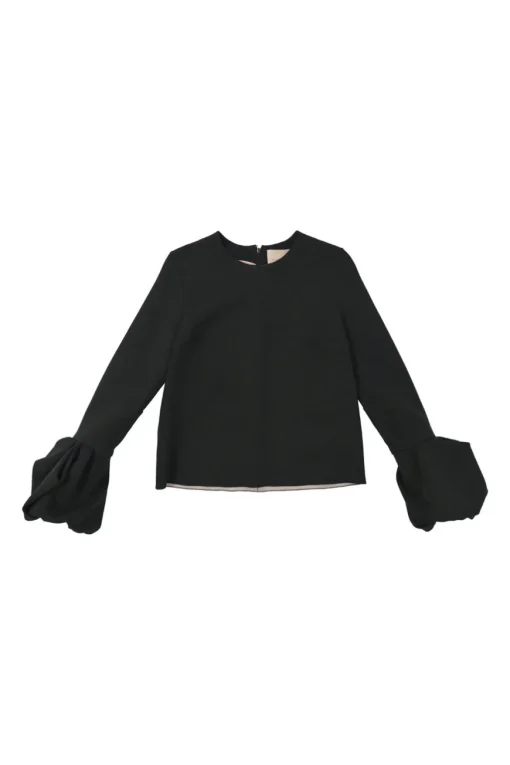 Black polyester crewneck pullover long sleeve blouse with gathered sleeve cuffs
