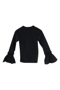 Black polyester crewneck flounce sleeve top