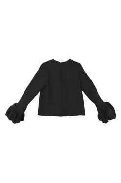 Black polyester crewneck pullover long sleeve blouse with gathered sleeve cuffs