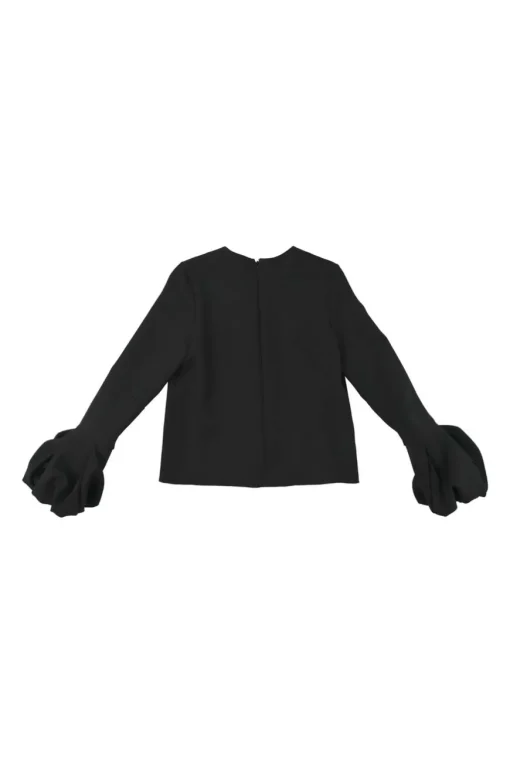 Black polyester crewneck pullover long sleeve blouse with gathered sleeve cuffs