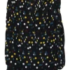 Black polyester crêpe polka dot print pullover tie neck swing-style tunic top with blouson sleeves