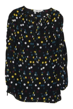 Black polyester crêpe polka dot print pullover tie neck swing-style tunic top with blouson sleeves