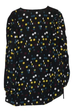 Black polyester crêpe polka dot print pullover tie neck swing-style tunic top with blouson sleeves