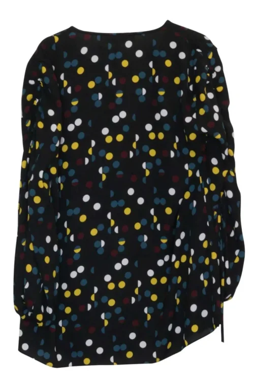 Black polyester crêpe polka dot print pullover tie neck swing-style tunic top with blouson sleeves