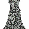 Black polyester ditsy floral print ruffled bustier midi A-line dress with tulip hem