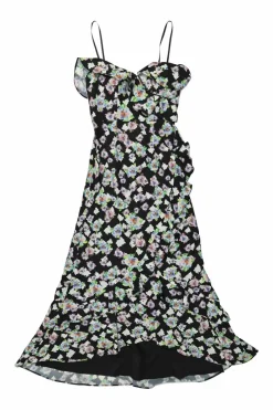 Black polyester ditsy floral print ruffled bustier midi A-line dress with tulip hem