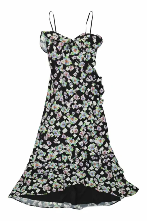 Black polyester ditsy floral print ruffled bustier midi A-line dress with tulip hem
