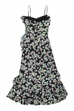 Black polyester ditsy floral print ruffled bustier midi A-line dress with tulip hem