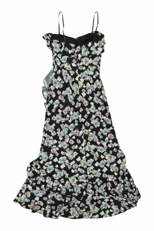 Black polyester ditsy floral print ruffled bustier midi A-line dress with tulip hem