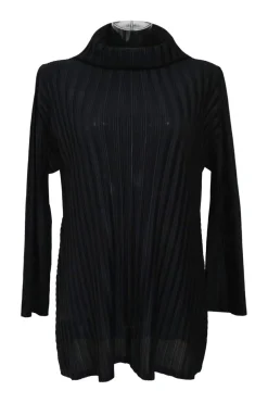 Black polyester dolman sleeve funnel collar pullover plissé top
