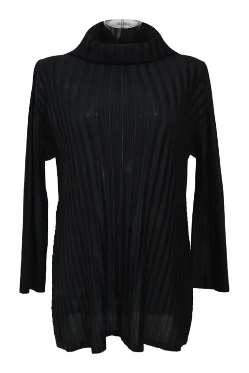 Black polyester dolman sleeve funnel collar pullover plissé top