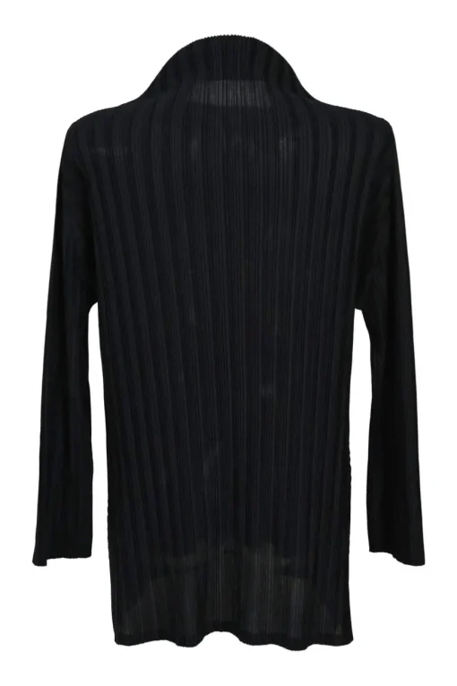 Black polyester dolman sleeve funnel collar pullover plissé top