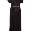 Black polyester dot mesh ruched puff sleeve midi A-line dress with crystal-embellished waistband